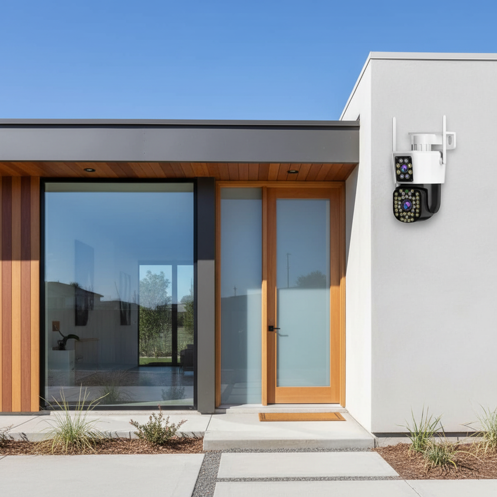 Cámara de seguridad doble WiFi instalada en entrada de hogar
