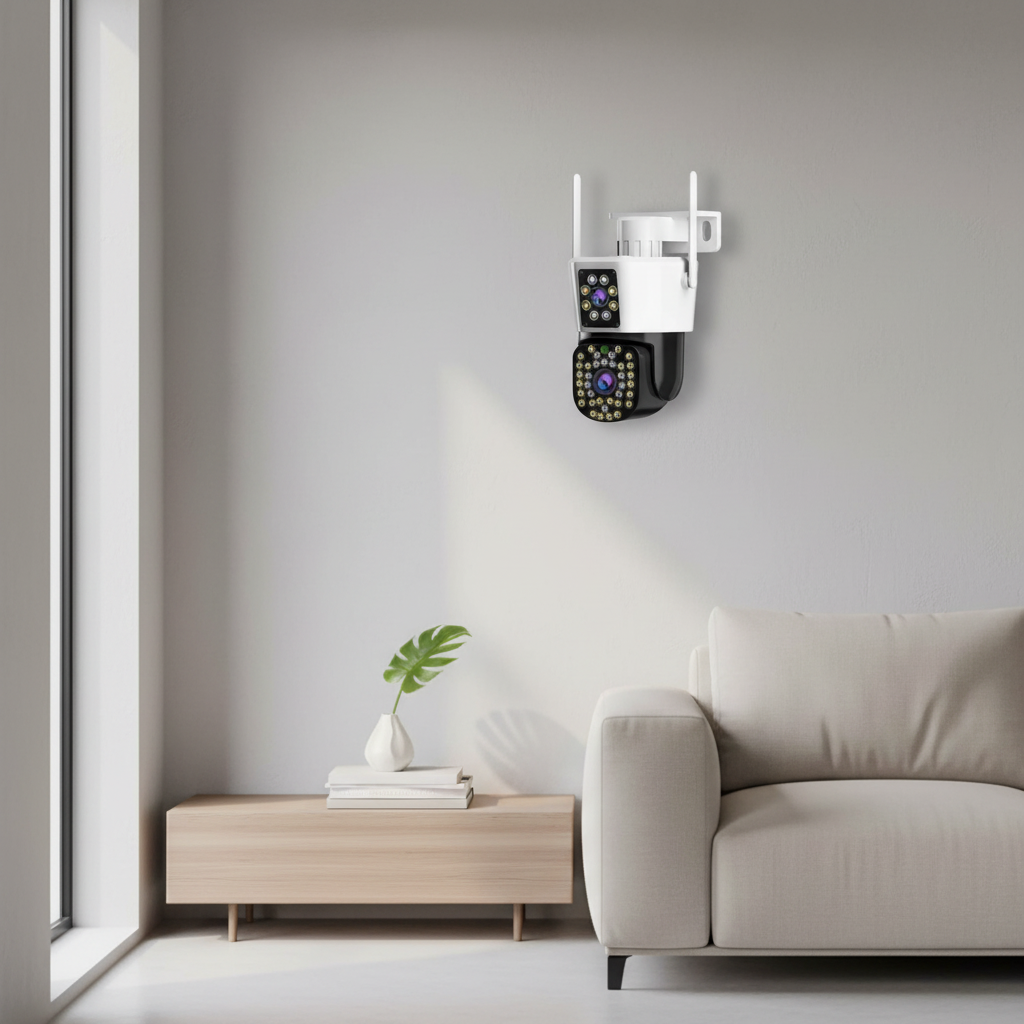 Cámara de seguridad doble WiFi instalada en sala de estar moderna